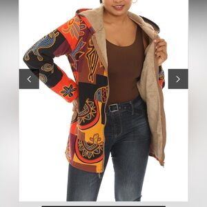 Oneine Boho Patchwork Sherpa-Lined Hoodie Jacket – Multicolor – 4XL